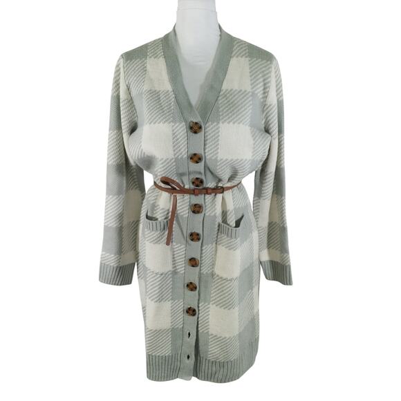 NWT! OLIVE & OAK! ASH GRAY & CREAM PLAID BUTTON FRONT BELTED SWEATER DRESS! SZ L - Picture 2 of 13